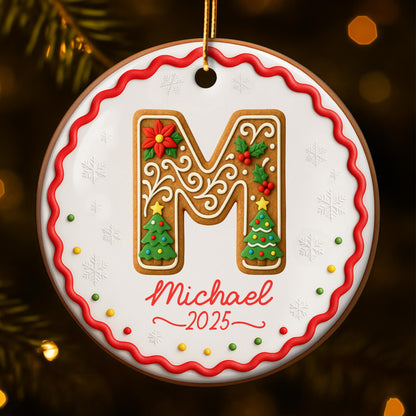 Personalized Initial Ornament With Christmas Tree And Snowflakes