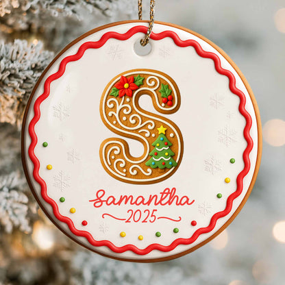 Personalized Initial Ornament With Christmas Tree And Snowflakes
