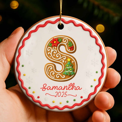Personalized Initial Ornament With Christmas Tree And Snowflakes