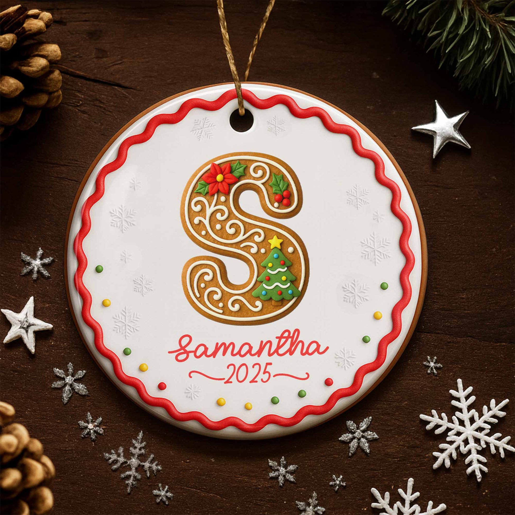 Personalized Initial Ornament With Christmas Tree And Snowflakes