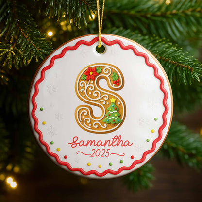 Personalized Initial Ornament With Christmas Tree And Snowflakes