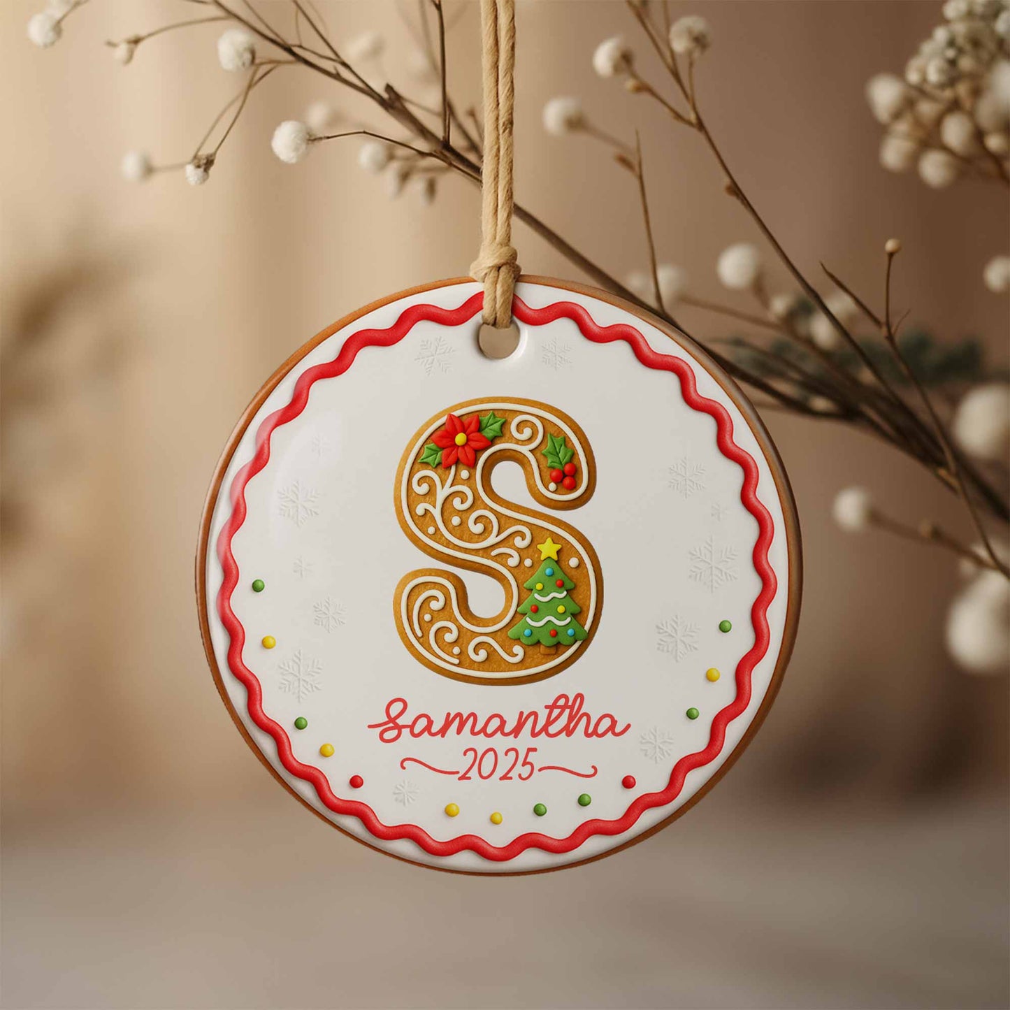 Personalized Initial Ornament With Christmas Tree And Snowflakes