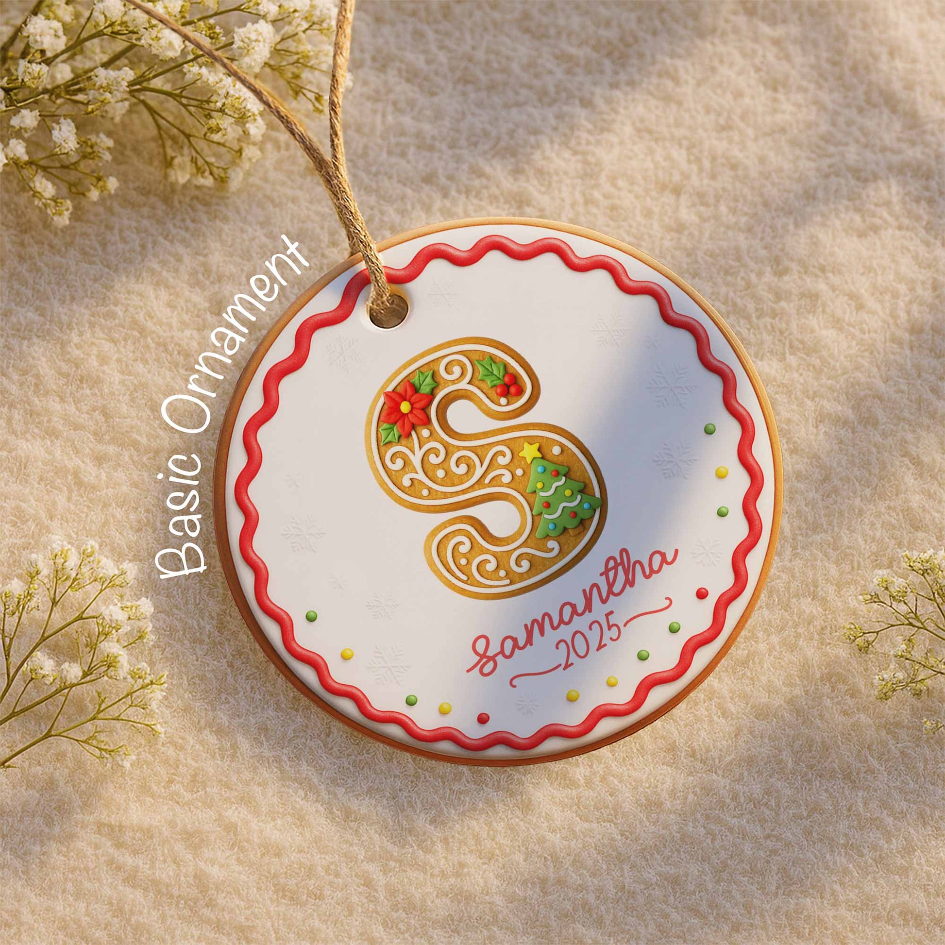 Personalized Initial Ornament With Christmas Tree And Snowflakes