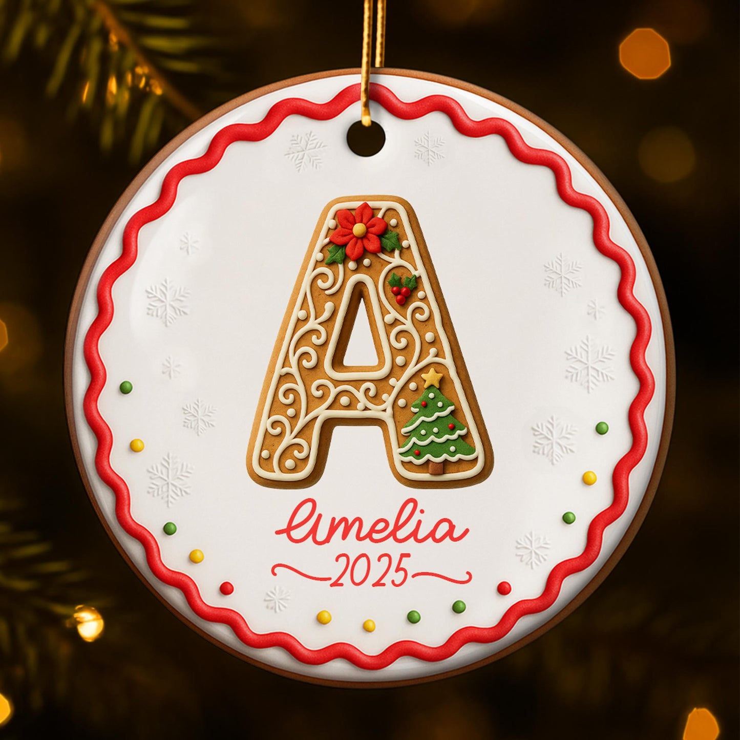 Personalized Initial Ornament With Christmas Tree And Snowflakes