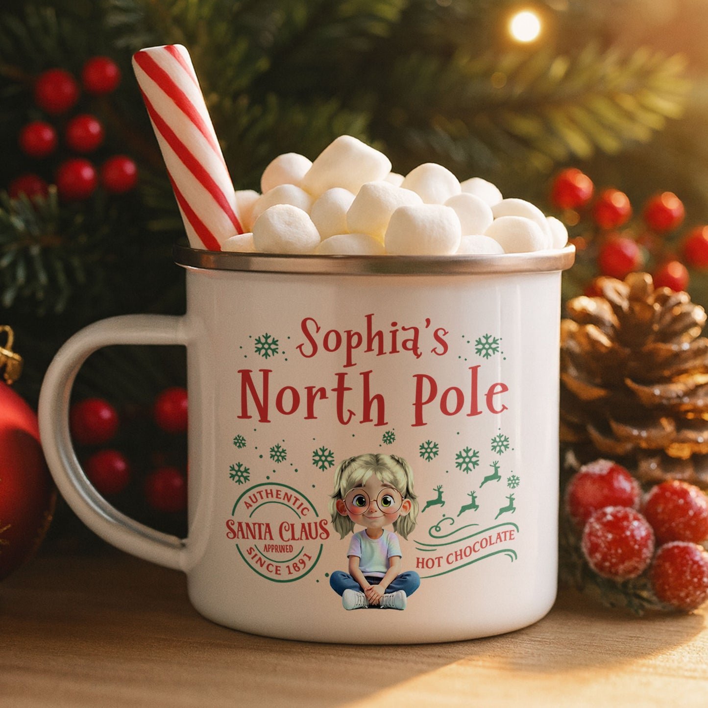 North Pole Hot Chocolate Mug With Girl And Christmas Elements