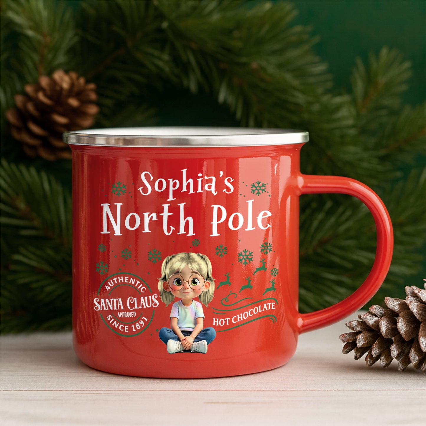 North Pole Hot Chocolate Mug With Girl And Christmas Elements
