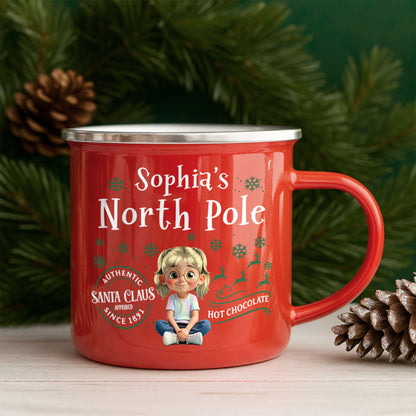 North Pole Hot Chocolate Mug With Girl And Christmas Elements