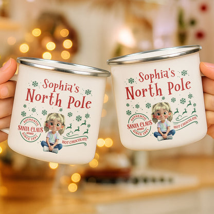 North Pole Hot Chocolate Mug With Girl And Christmas Elements
