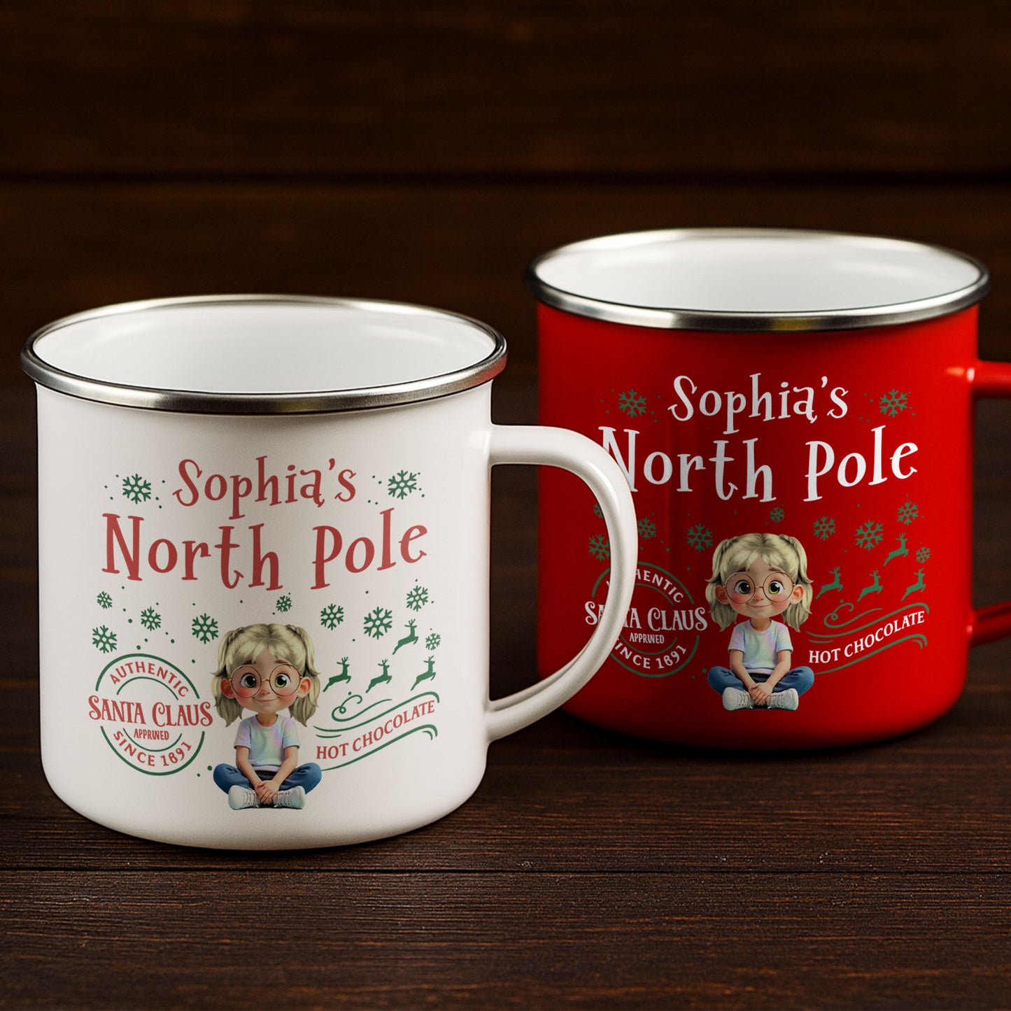 North Pole Hot Chocolate Mug With Girl And Christmas Elements