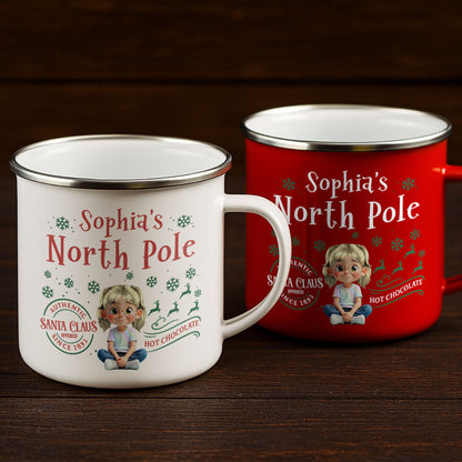 North Pole Hot Chocolate Mug With Girl And Christmas Elements