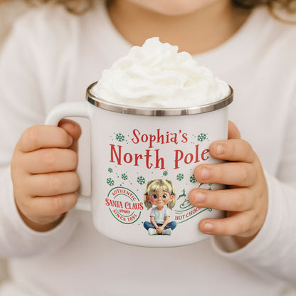 North Pole Hot Chocolate Mug With Girl And Christmas Elements