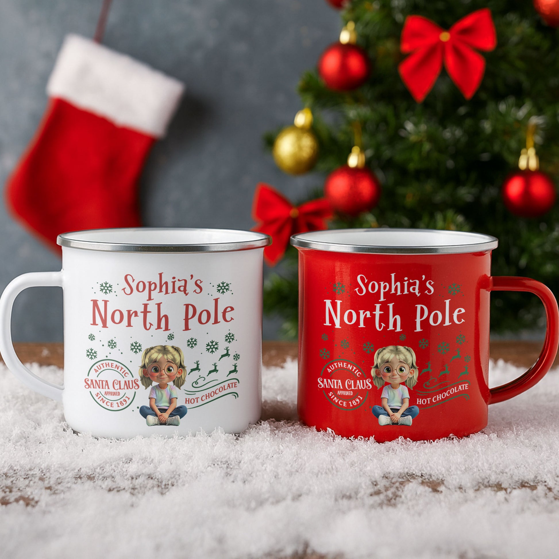 North Pole Hot Chocolate Mug With Girl And Christmas Elements