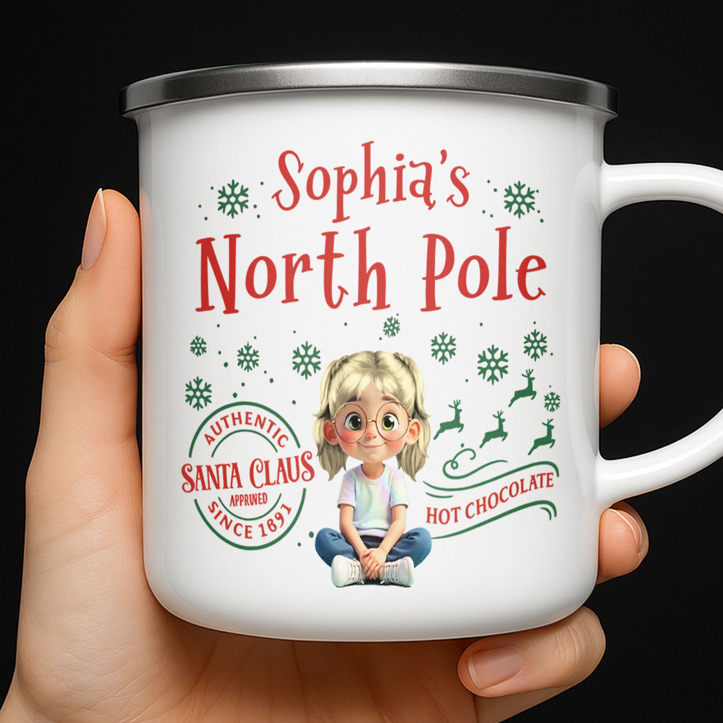 North Pole Hot Chocolate Mug With Girl And Christmas Elements