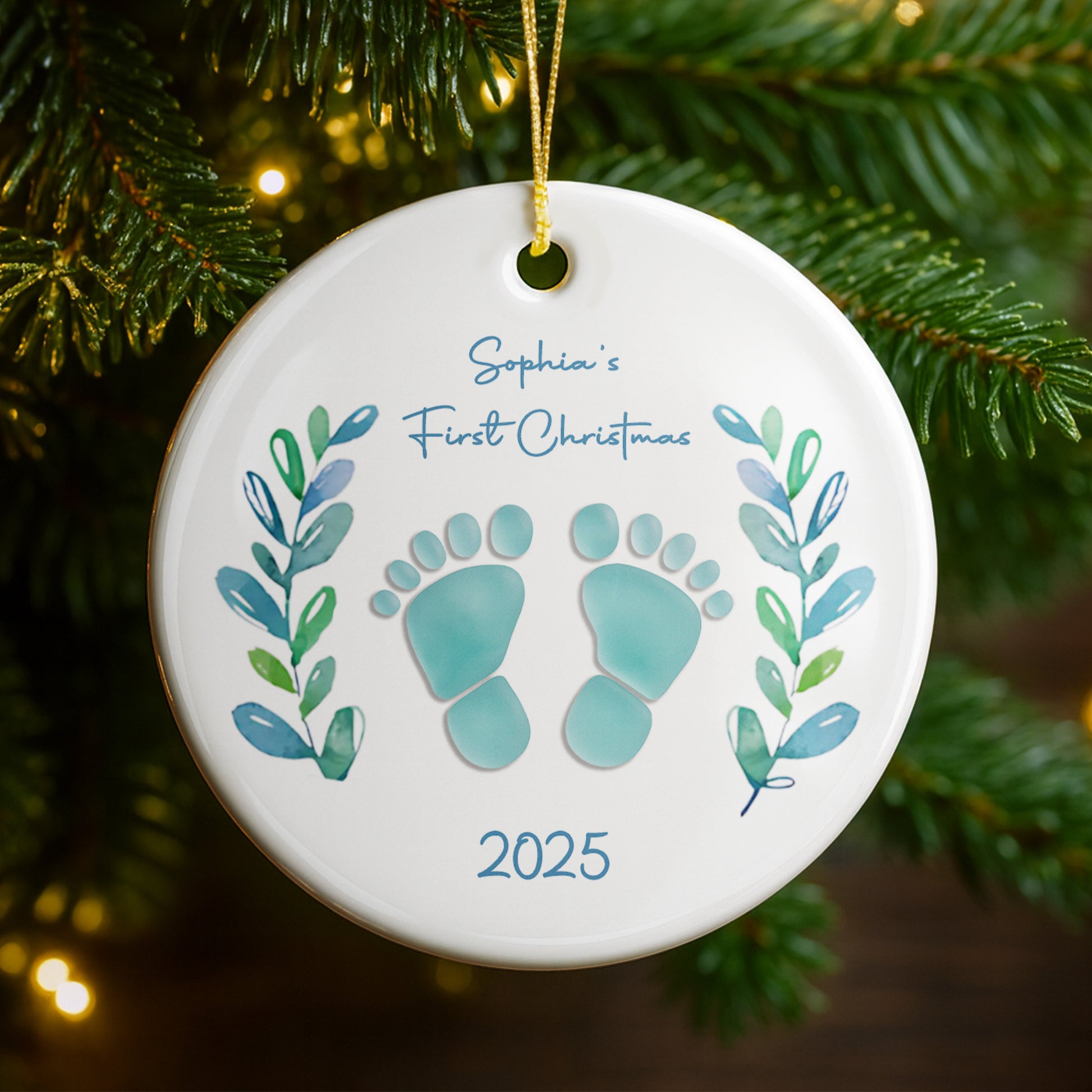 First Christmas With Charming Baby Footprints And Leaves