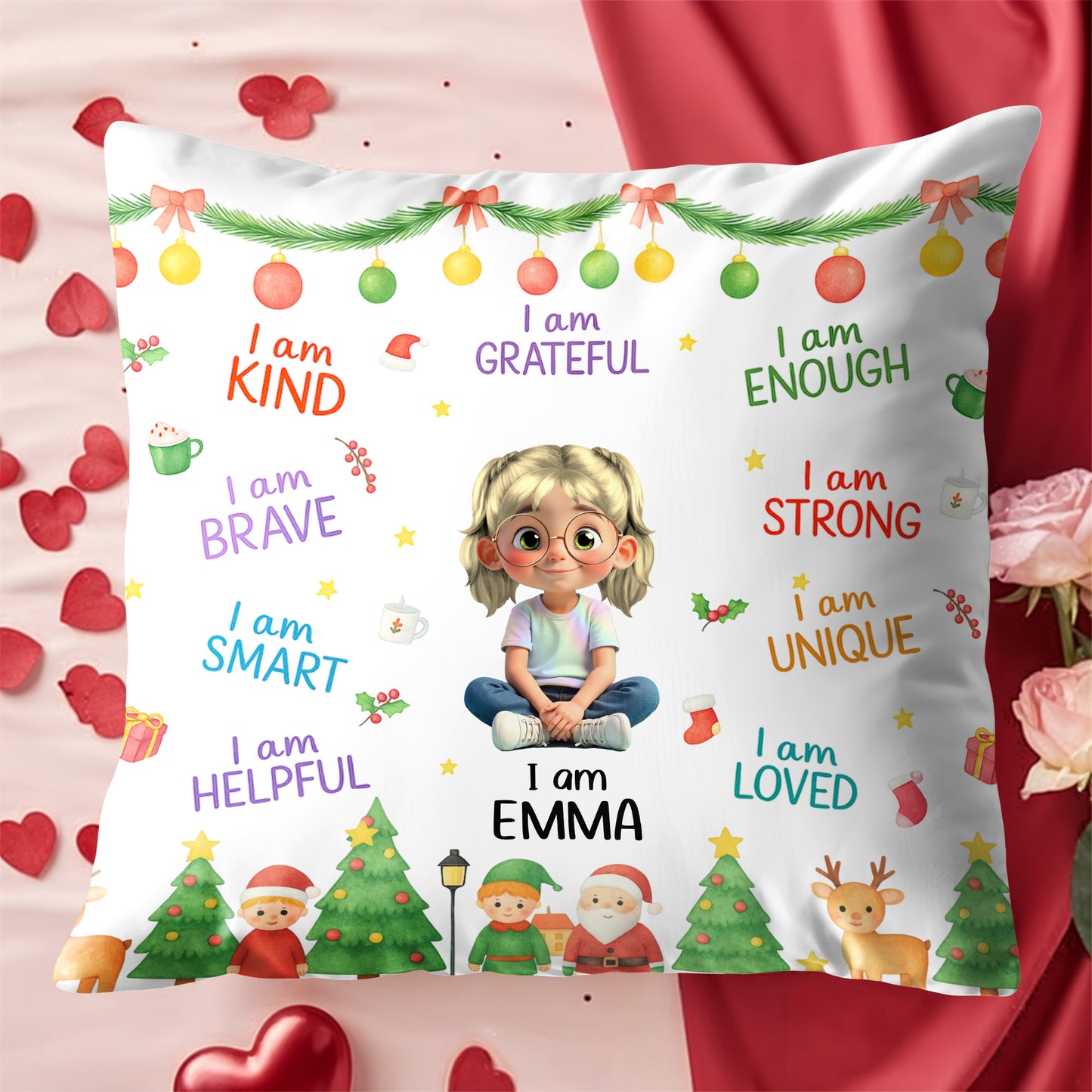 I Am Kind, I Am Loved, Santa Claus And Christmas Trees Pillow