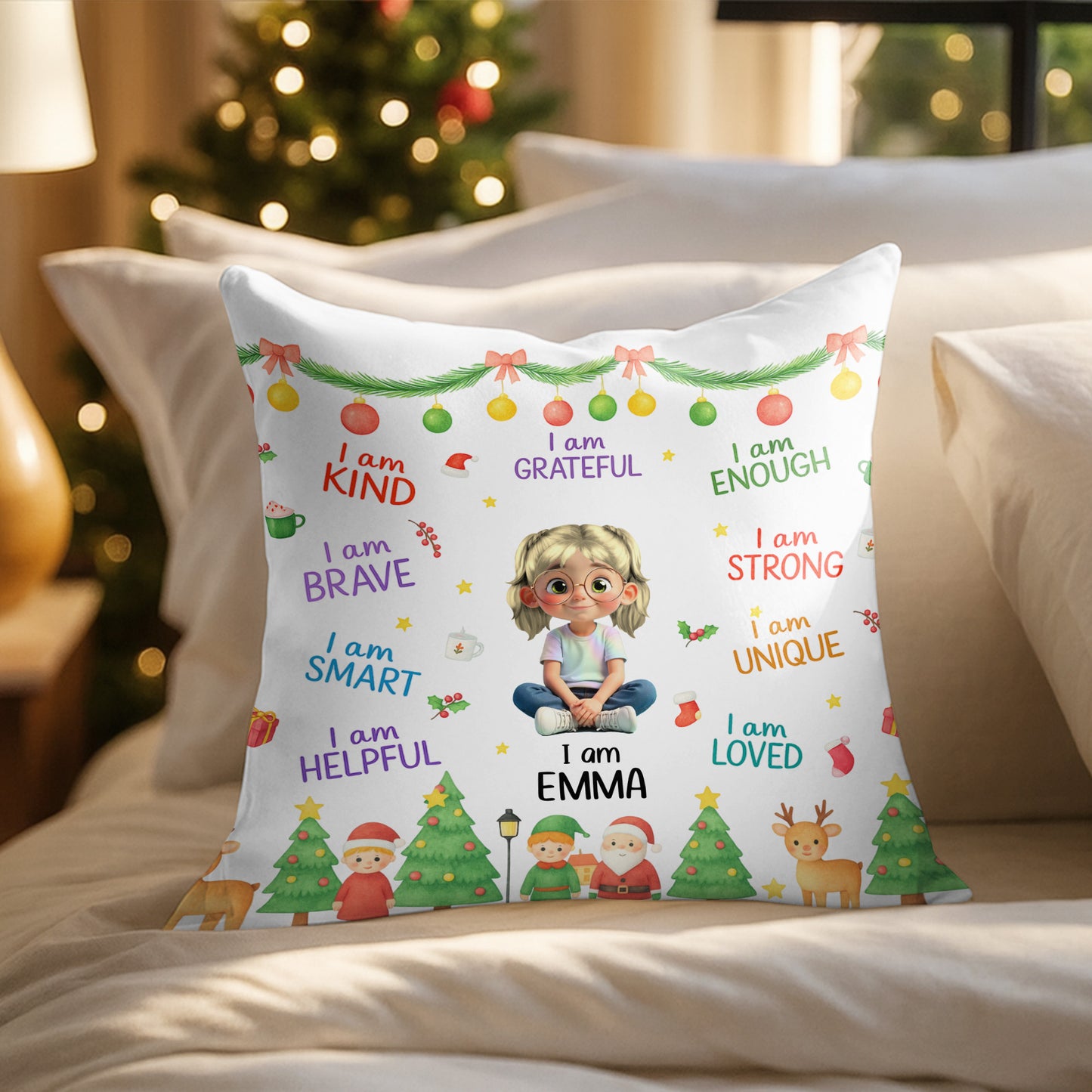 I Am Kind, I Am Loved, Santa Claus And Christmas Trees Pillow