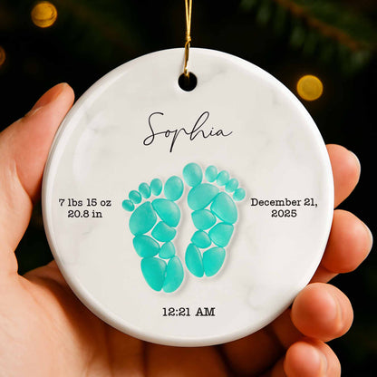 Celebrating Precious Moments Of Your New Arrival With Baby Footprints - Personalized Custom Ceramic Ornament With Round Shape - KID439_RCE