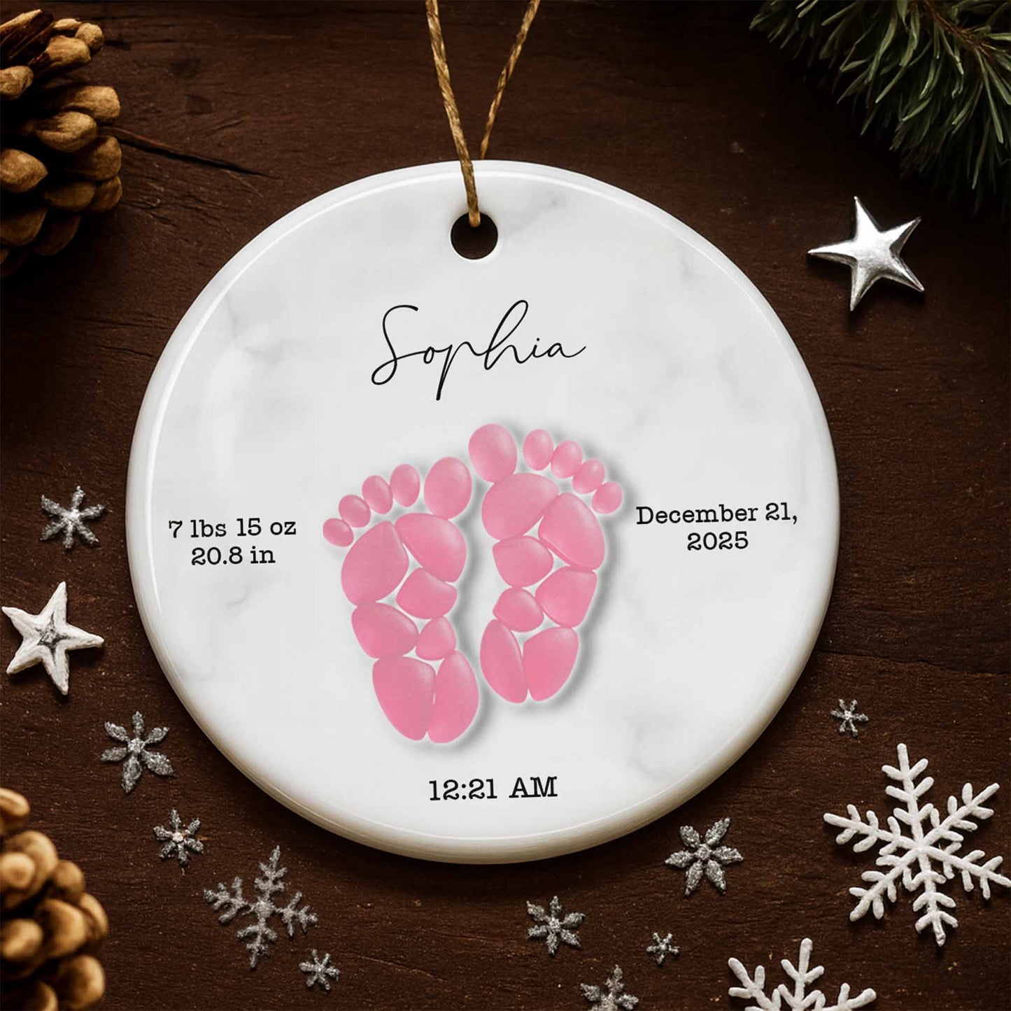 Celebrating Precious Moments Of Your New Arrival With Baby Footprints - Personalized Custom Ceramic Ornament With Round Shape - KID439_RCE