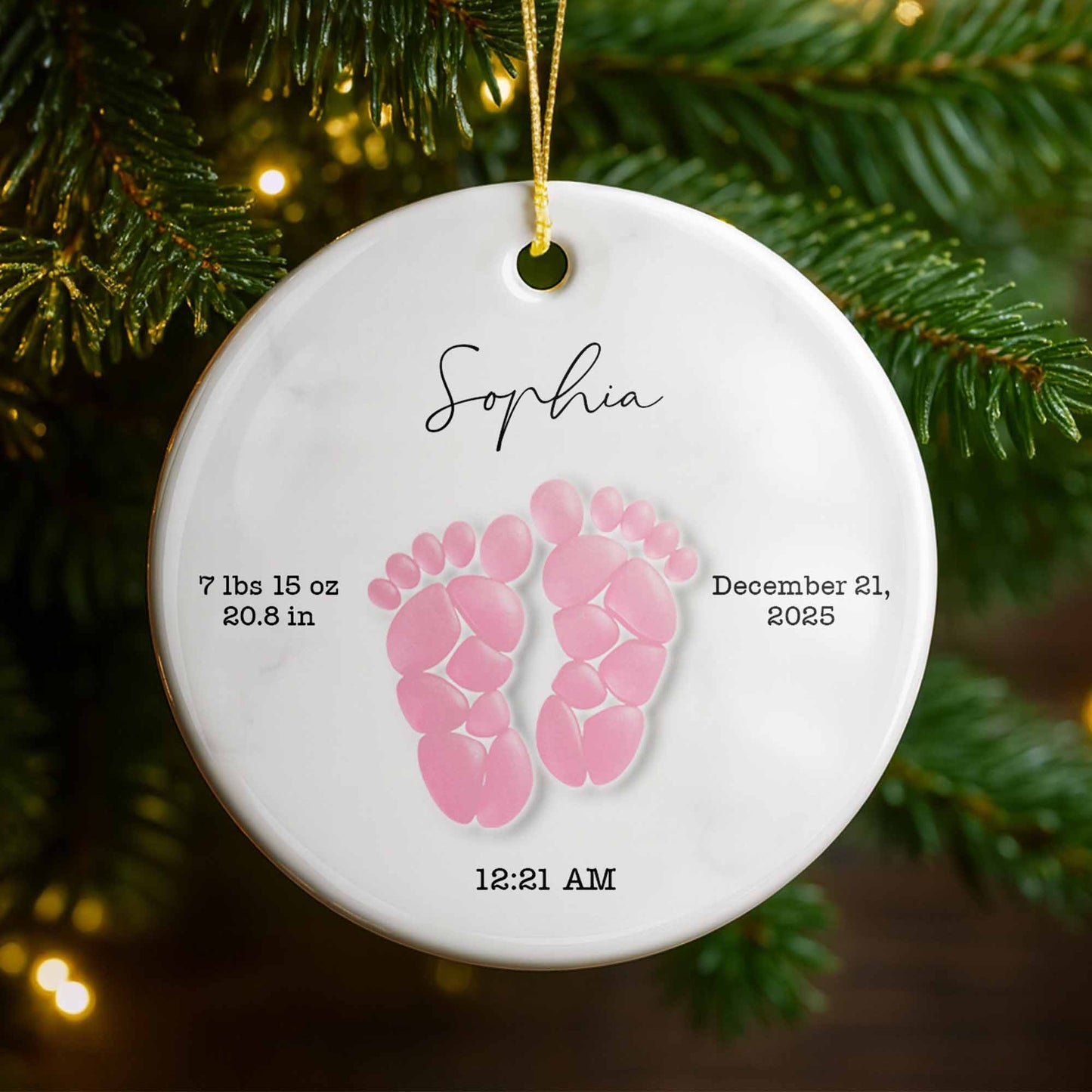 Celebrating Precious Moments Of Your New Arrival With Baby Footprints - Personalized Custom Ceramic Ornament With Round Shape - KID439_RCE