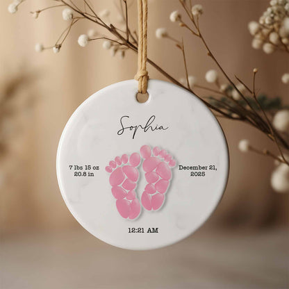 Celebrating Precious Moments Of Your New Arrival With Baby Footprints - Personalized Custom Ceramic Ornament With Round Shape - KID439_RCE