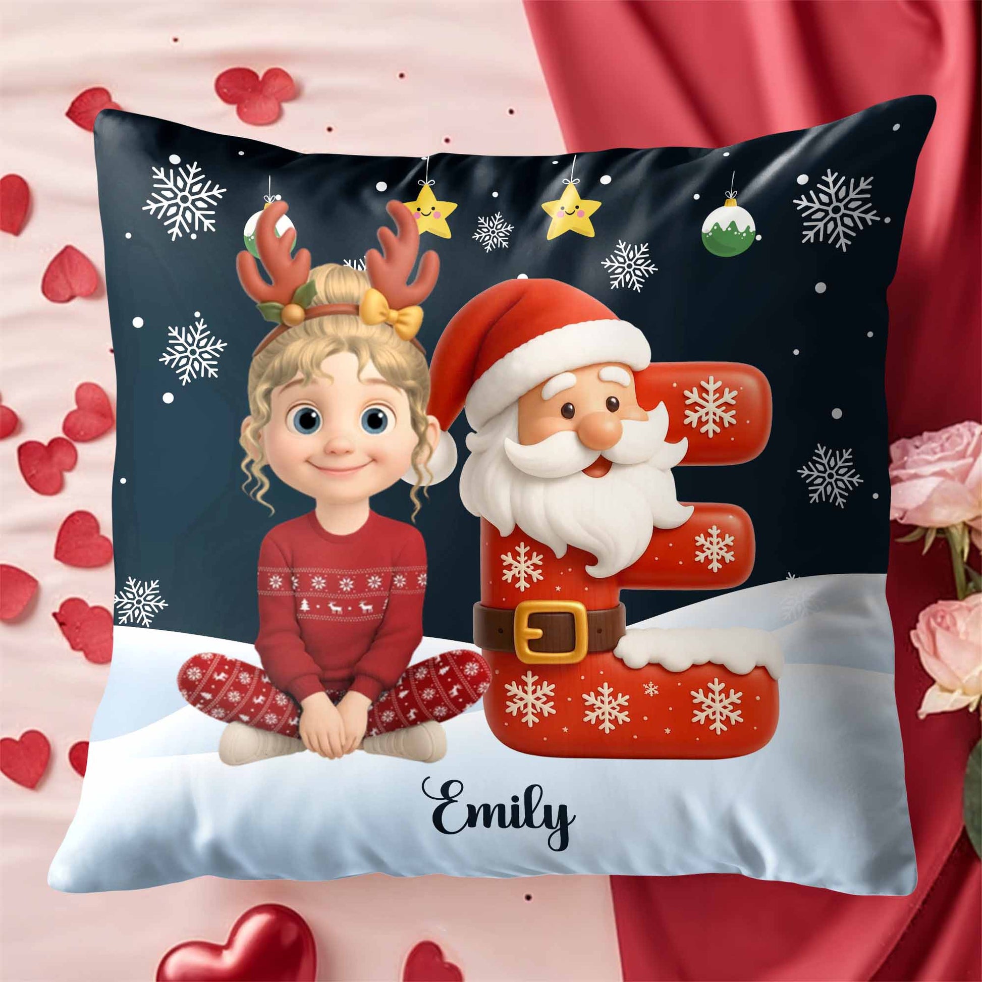 Festive Santa And Reindeer Themed Custom Pillow