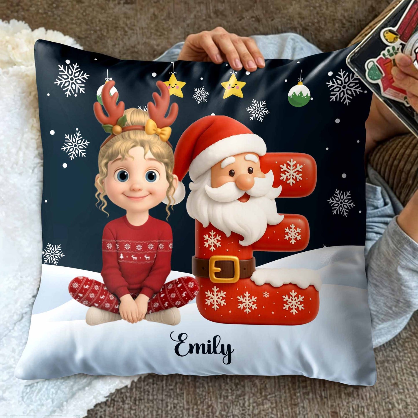 Festive Santa And Reindeer Themed Custom Pillow