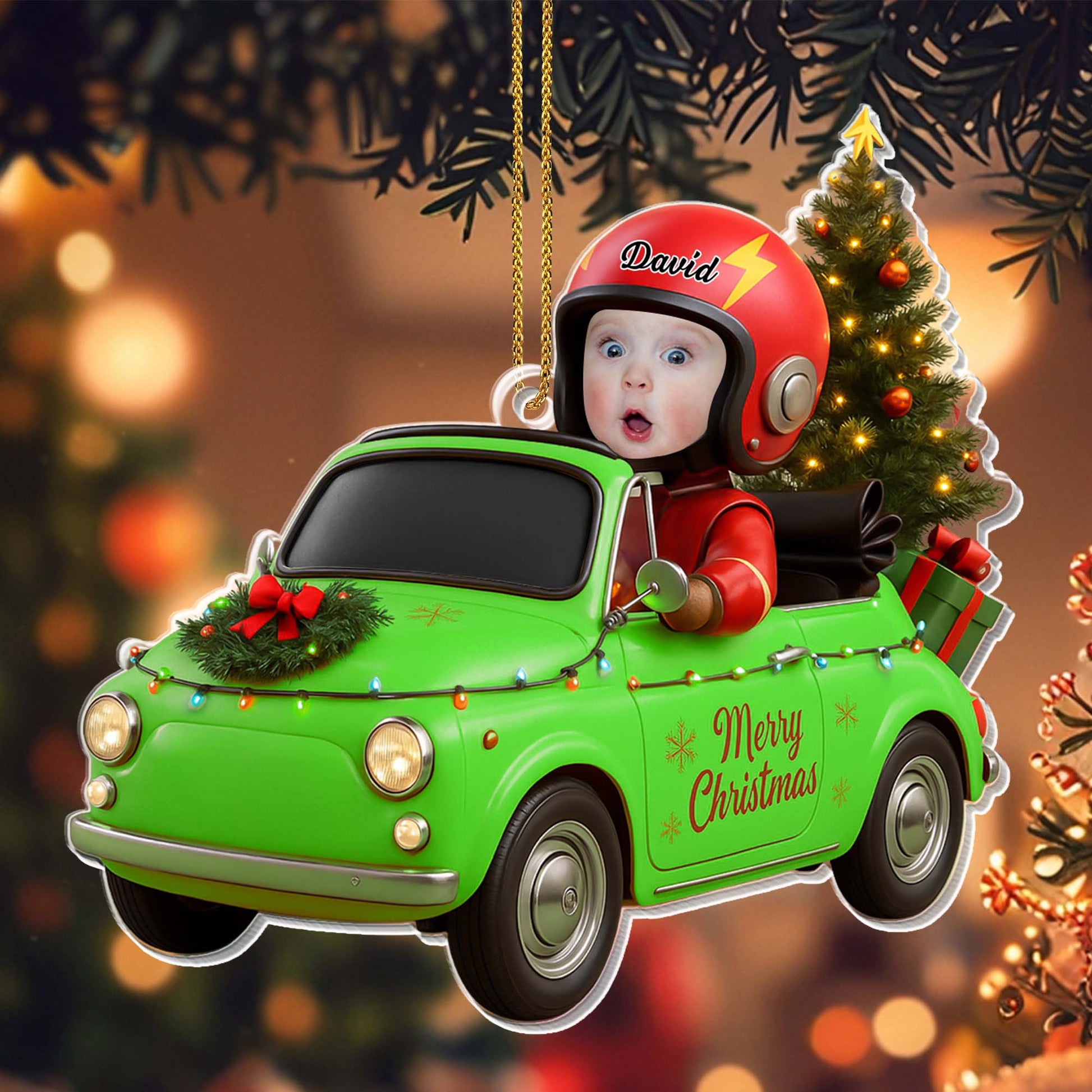 Merry Christmas, Vintage Car With Christmas Tree And Gifts