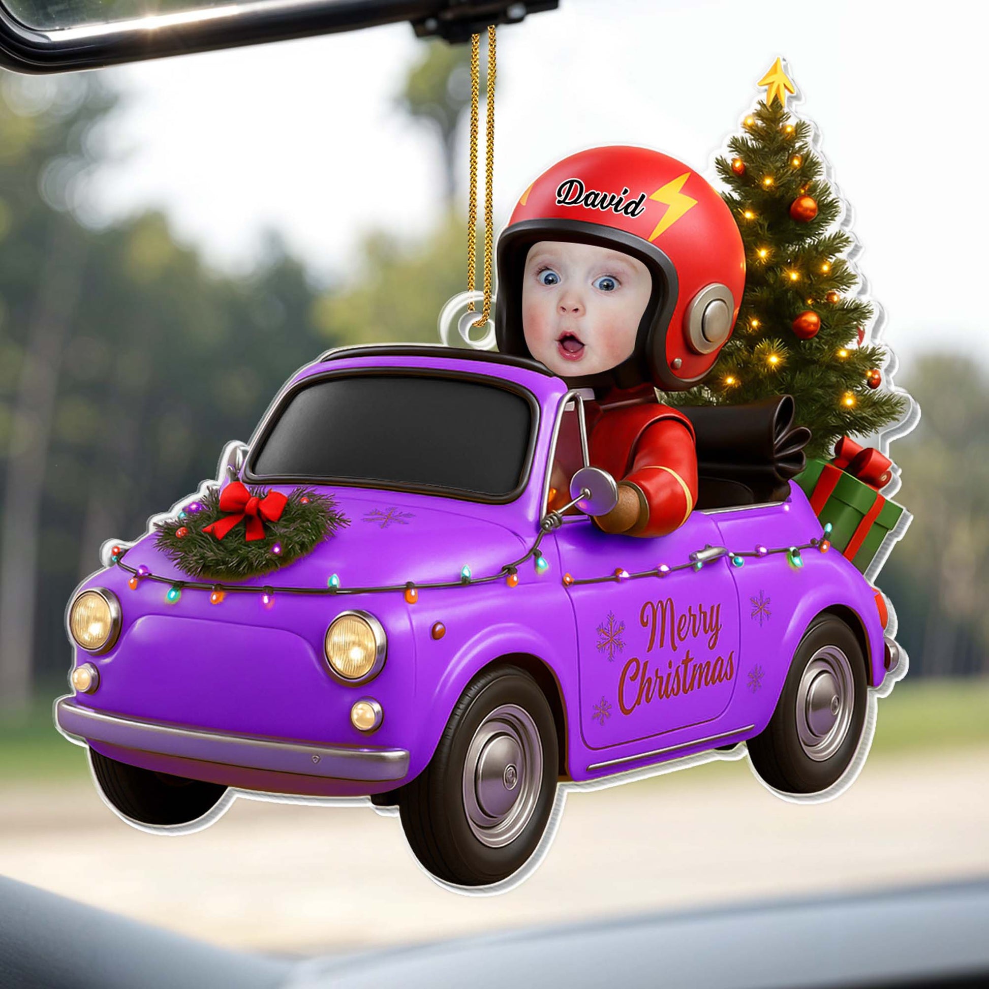 Merry Christmas, Vintage Car With Christmas Tree And Gifts
