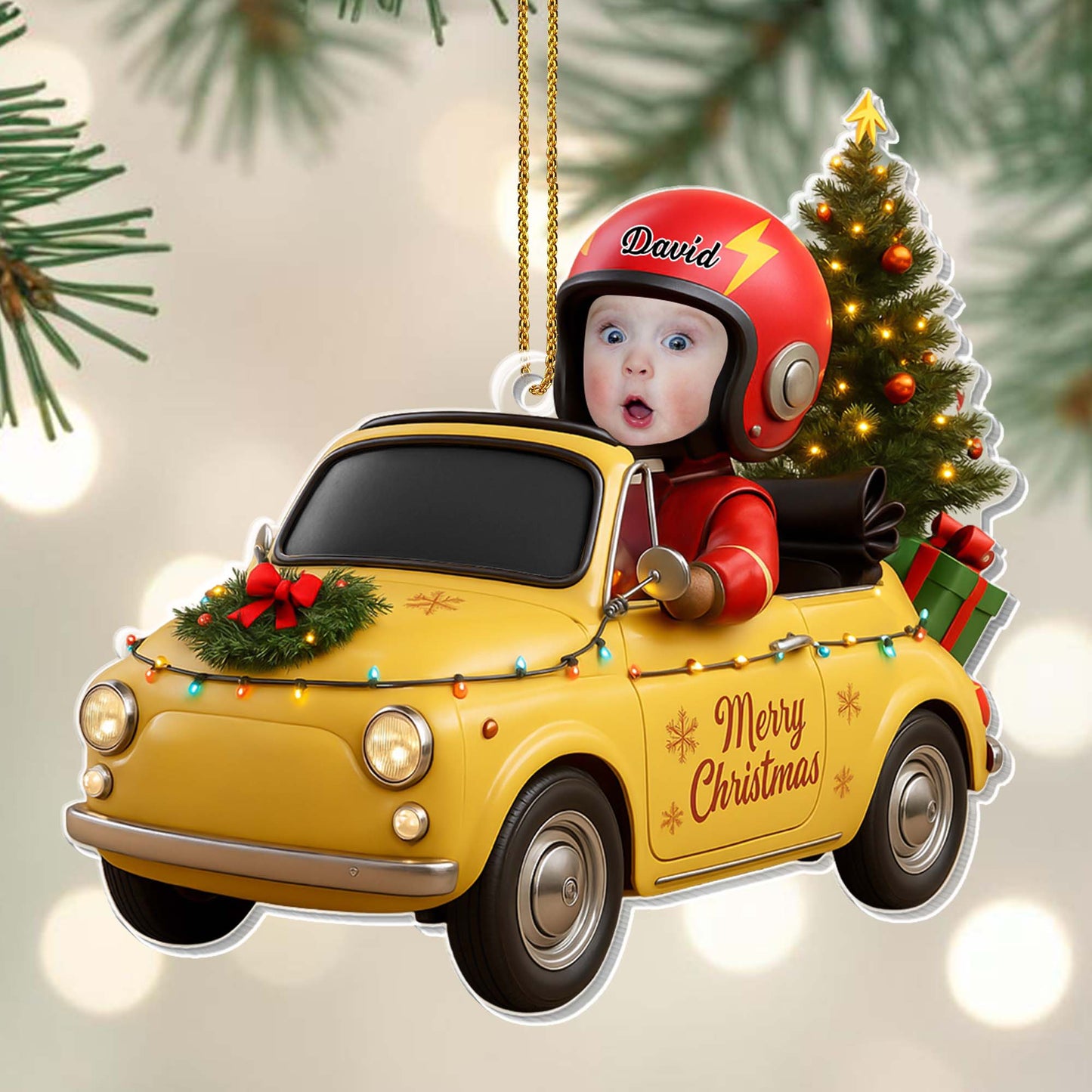 Merry Christmas, Vintage Car With Christmas Tree And Gifts