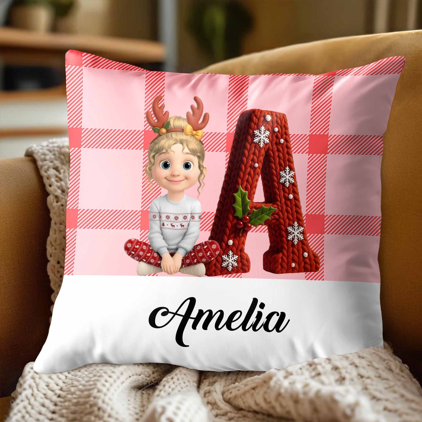 Customizable Pillow With Animated Girl and Holiday Elements