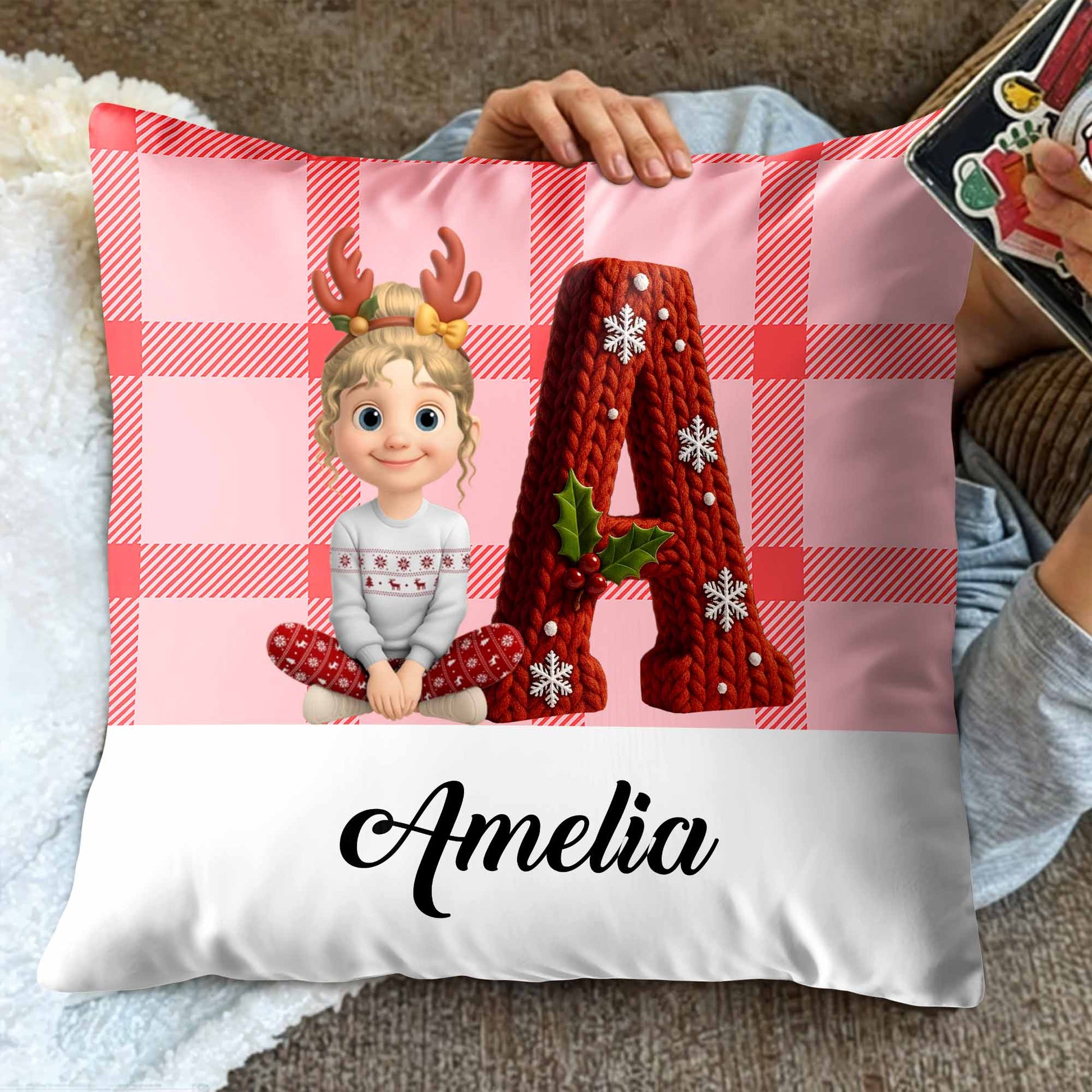 Customizable Pillow With Animated Girl and Holiday Elements