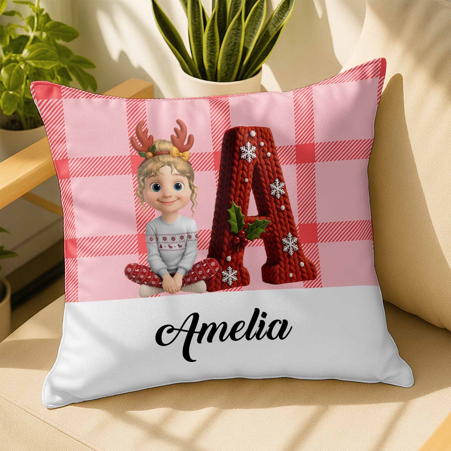 Customizable Pillow With Animated Girl and Holiday Elements