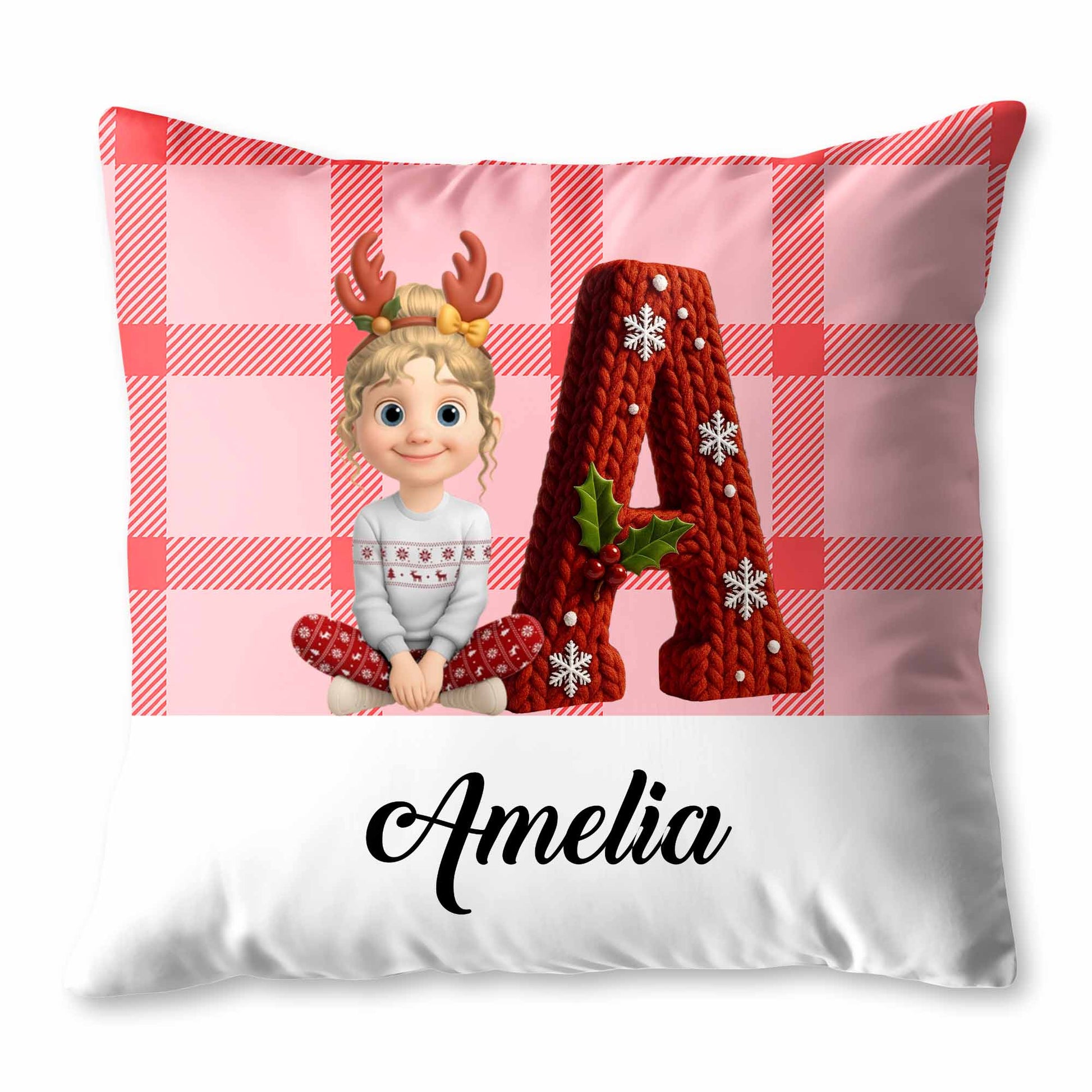 Customizable Pillow With Animated Girl and Holiday Elements