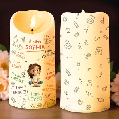 I Am Kind, Grateful and Amazing Candle With School Supplies and Girl
