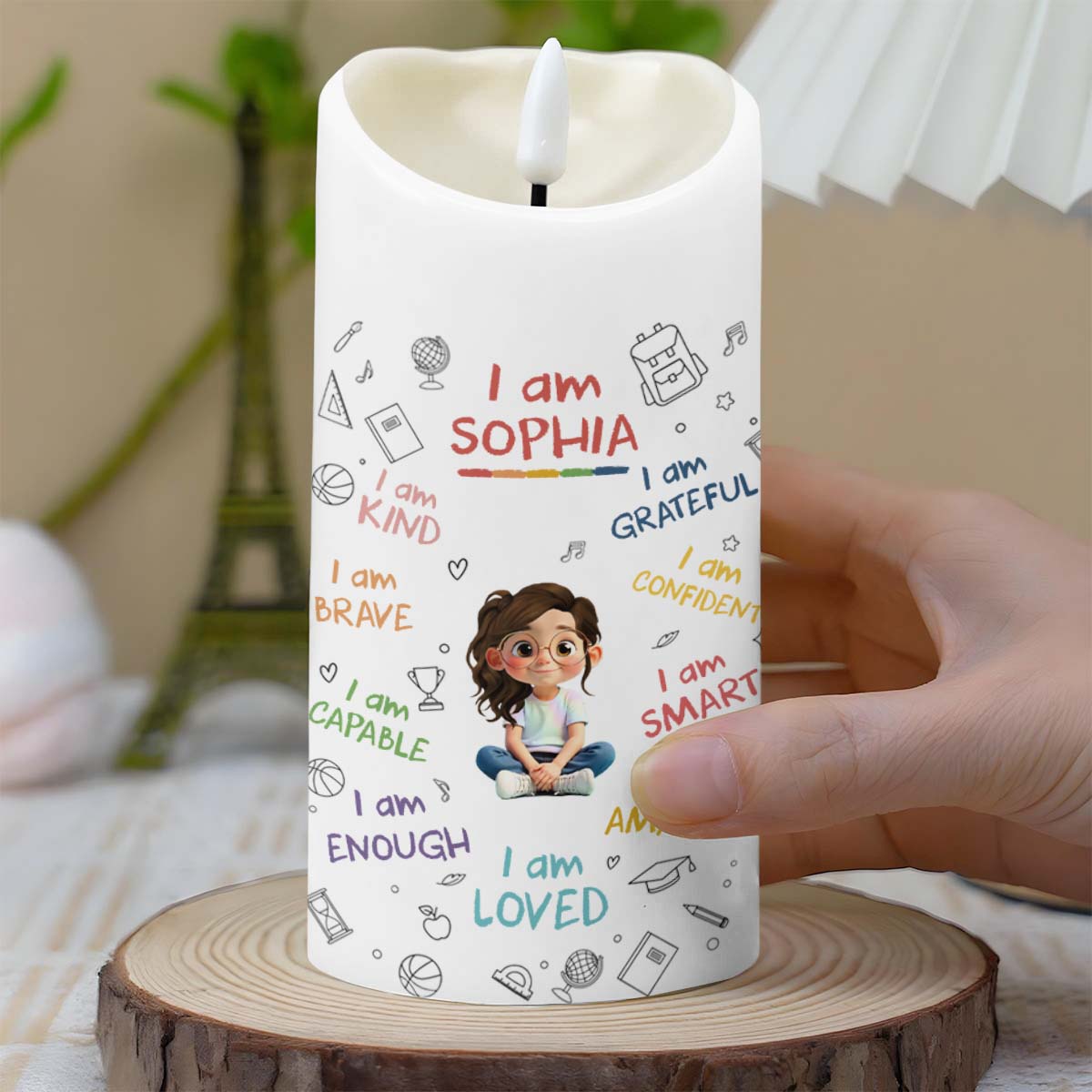 I Am Kind, Grateful and Amazing Candle With School Supplies and Girl