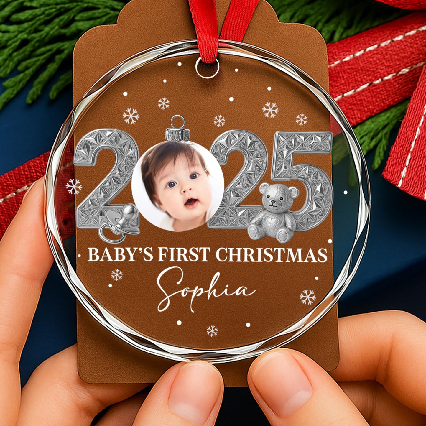 Baby’s First Christmas With Teddy Bear And Snowflakes