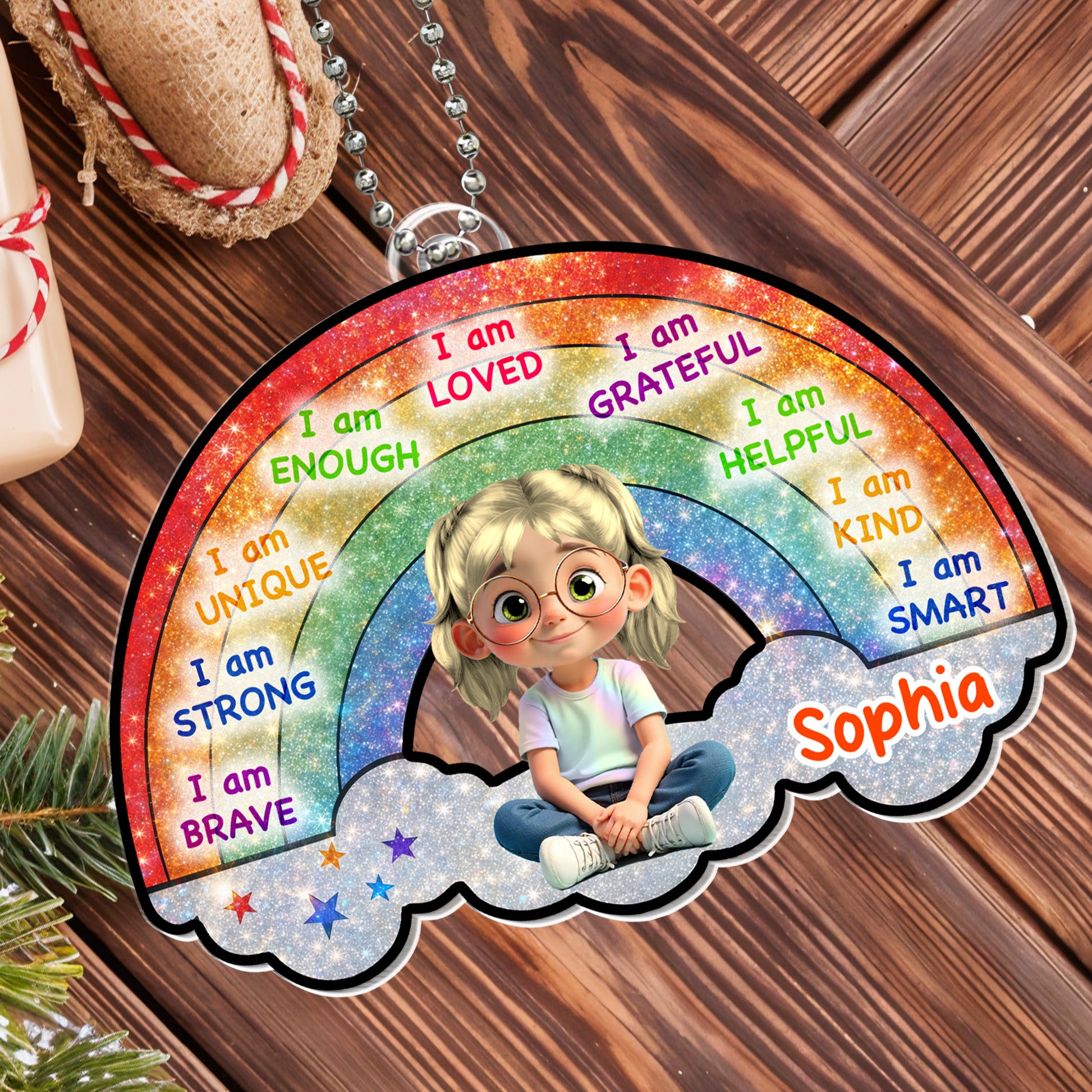 I Am Loved, I Am Grateful, Rainbow And Cartoon Girl Ornament