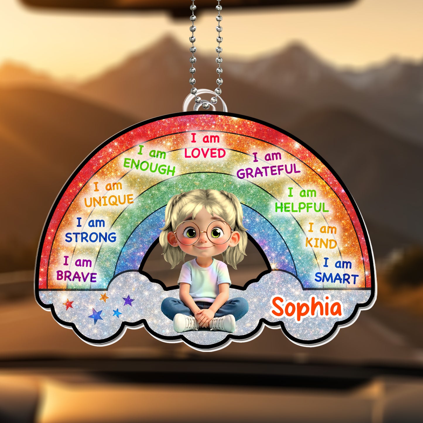 I Am Loved, I Am Grateful, Rainbow And Cartoon Girl Ornament