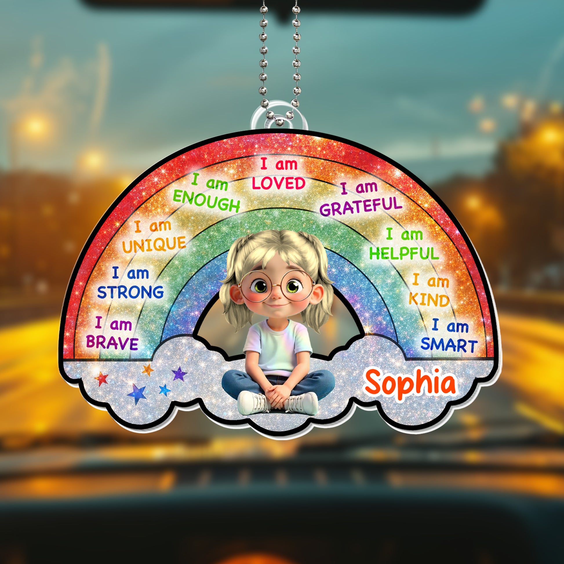 I Am Loved, I Am Grateful, Rainbow And Cartoon Girl Ornament
