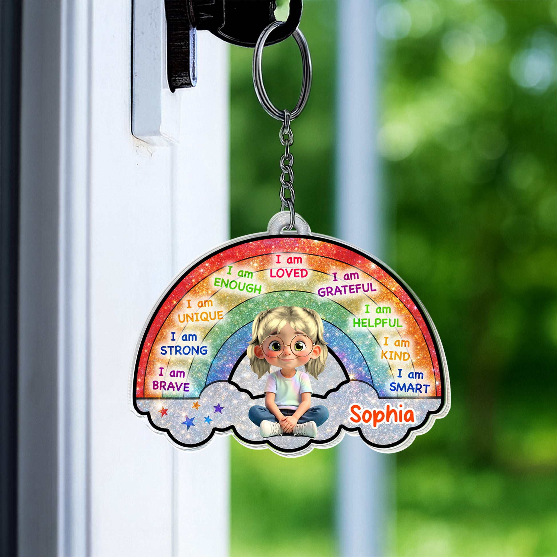I Am Loved, I Am Grateful, Cartoon Girl Keychain