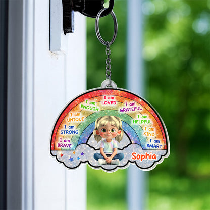 I Am Loved, I Am Grateful, Cartoon Girl Keychain
