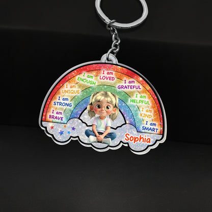 I Am Loved, I Am Grateful, Cartoon Girl Keychain