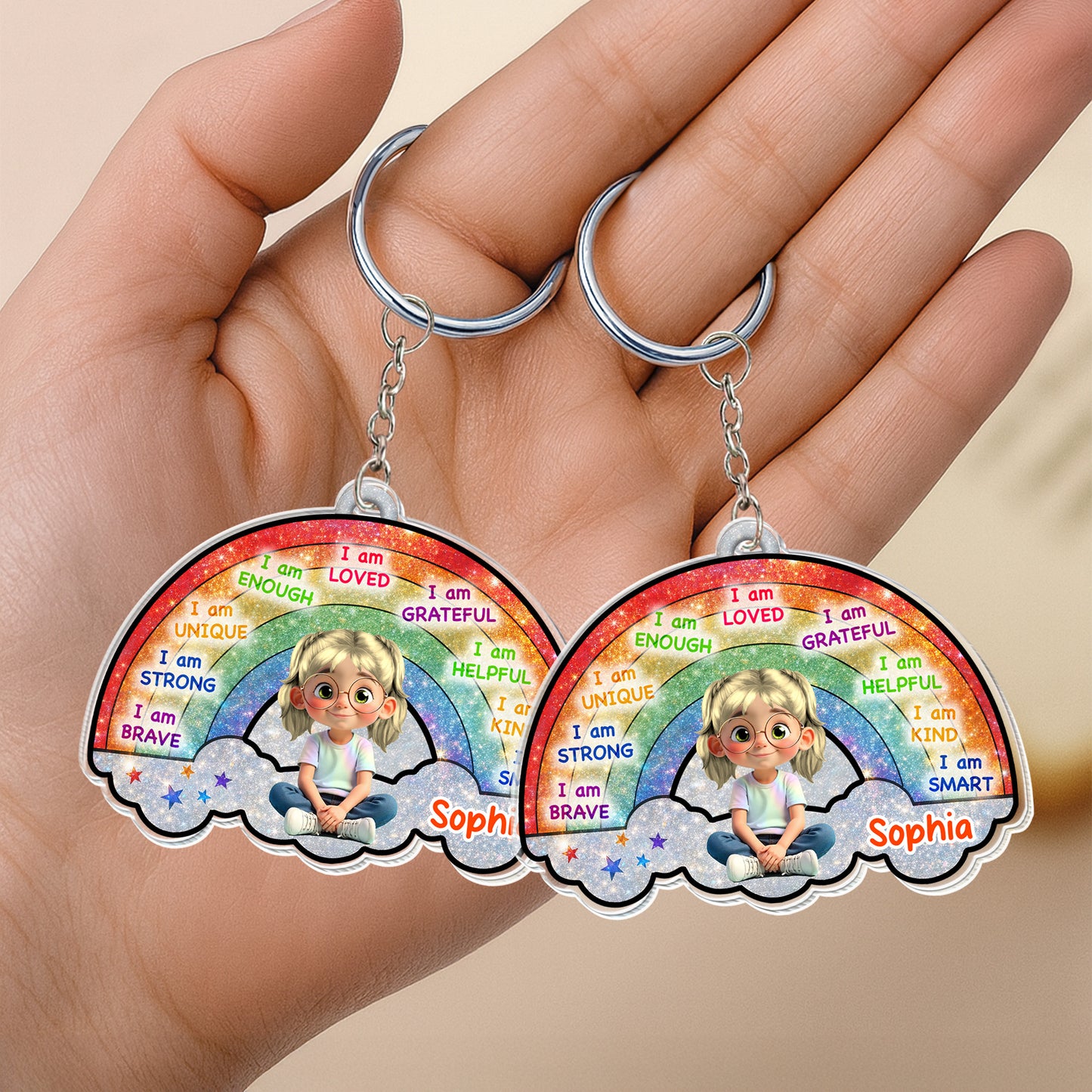 I Am Loved, I Am Grateful, Cartoon Girl Keychain