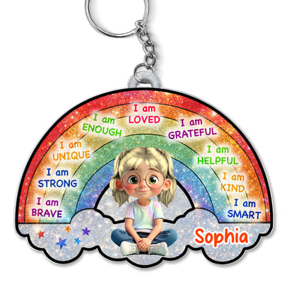 I Am Loved, I Am Grateful, Cartoon Girl Keychain