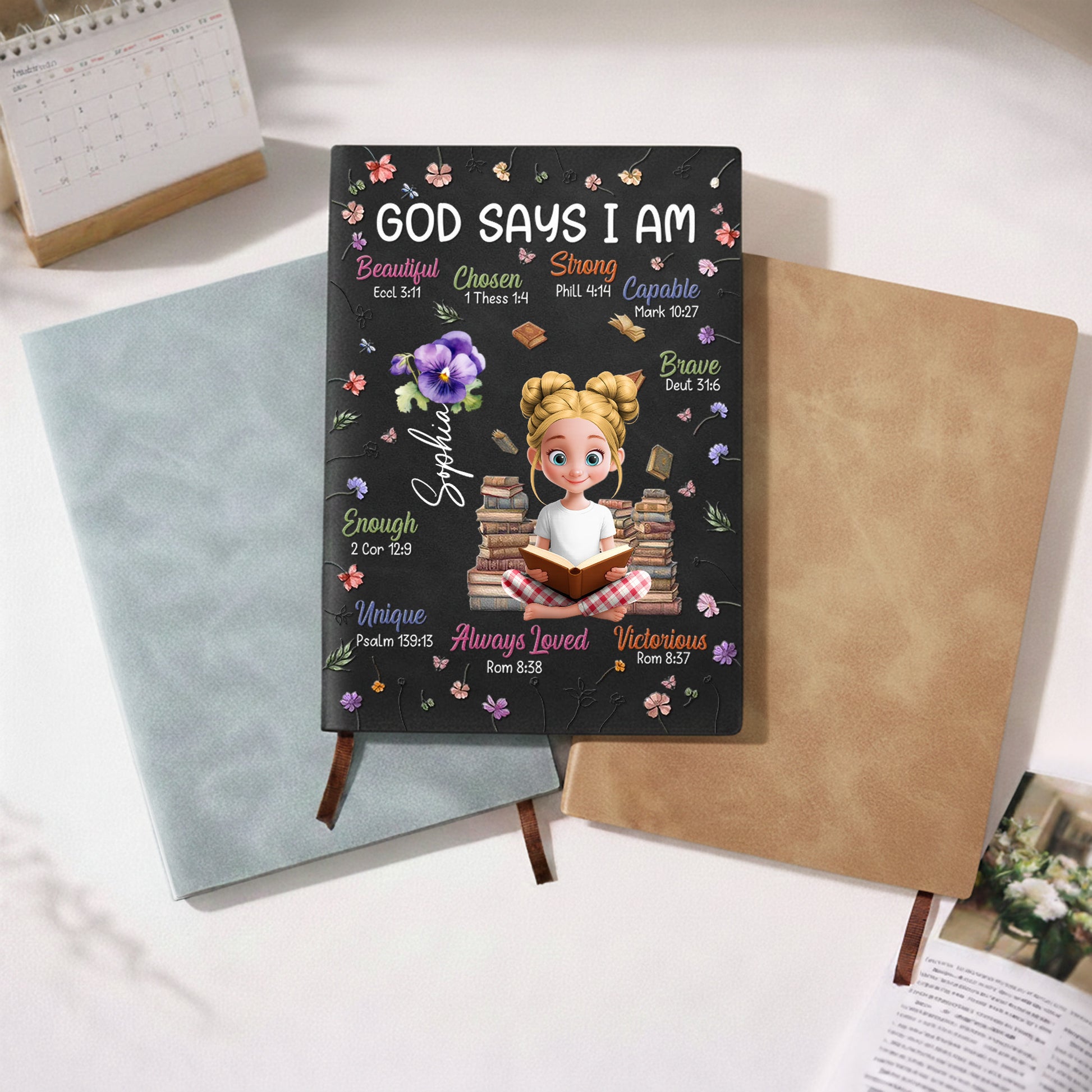 God Says I Am Beautiful, Chosen, Strong With Books And Flowers