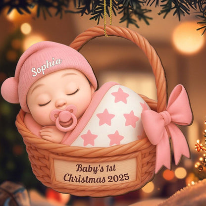 Celebrate Baby's First Christmas With Stars And Basket - Personalized Custom Wood Ornament, Custom Shaped - KID493_WDO