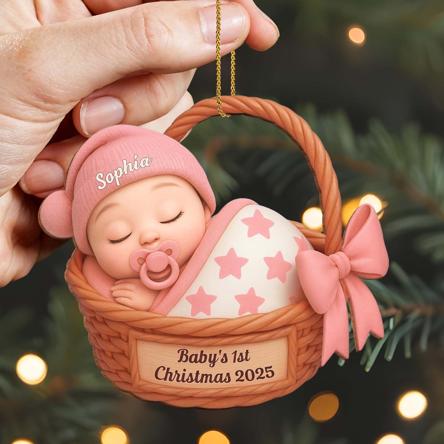 Celebrate Baby's First Christmas With Stars And Basket - Personalized Custom Wood Ornament, Custom Shaped - KID493_WDO
