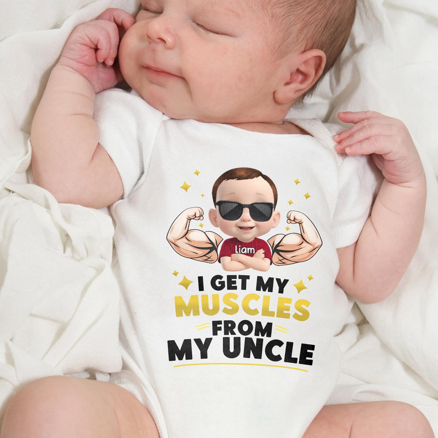 I Get My Muscles From My Uncle With Strong Baby Boy And Sunglasses