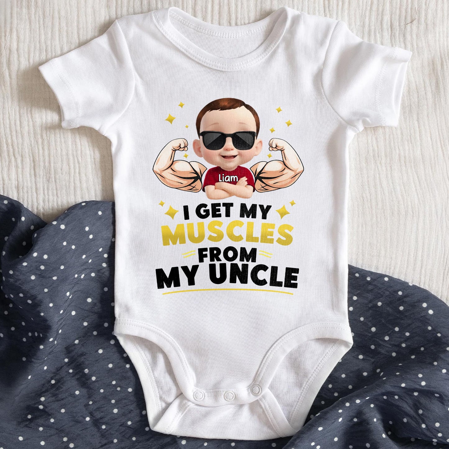 I Get My Muscles From My Uncle With Strong Baby Boy And Sunglasses