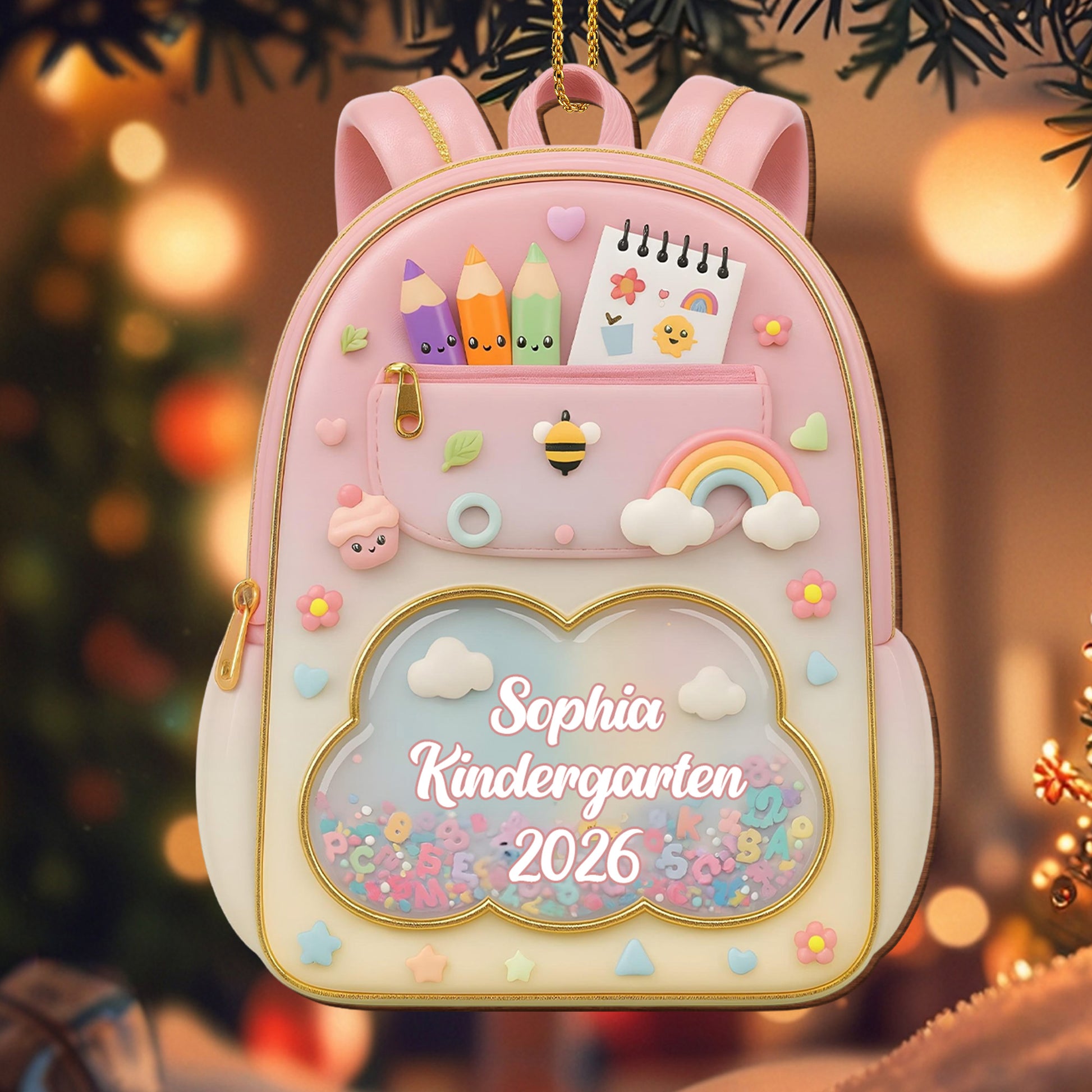Charming Custom School Moment Ornament With Backpack and Flowers